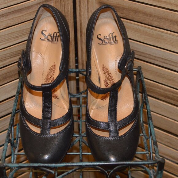 Sofft 6M Black Leather T-strap Pump Sculpted Heels - Picture 3 of 10